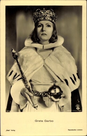 Ak Schauspielerin Greta Garbo, Filmszene, Ross, Königin, Zepter, Krone