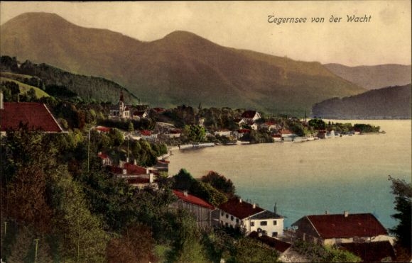 Postcard Tegernsee in Upper Bavaria, beautiful landscape, mountains, houses on the shore