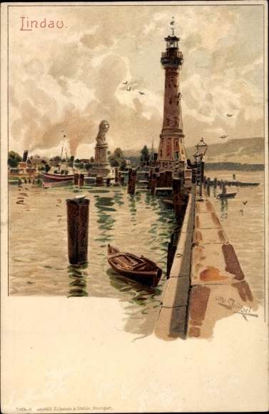 Artist Chromo-Litho Strützel, O., Lindau in Lake Constance Swabia, lot at the landing stage