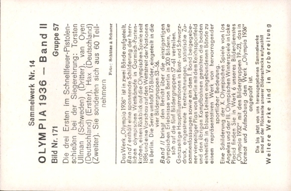 Collector's picture 1936 Olympics, rapid fire pistol shooters Ullman, van Oyen, Hax, award ceremony