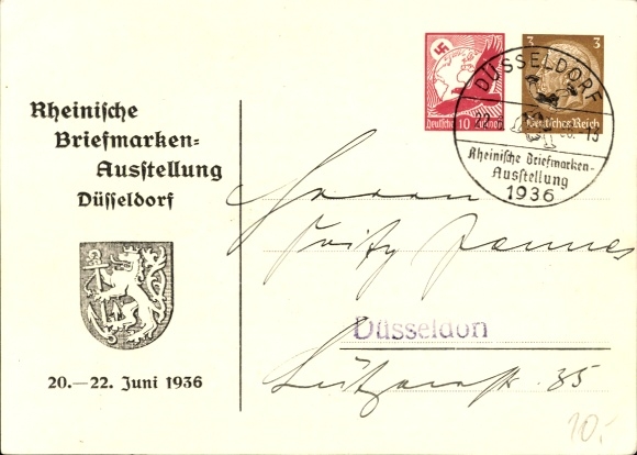 Postwaardestuk Ak Peters, P., Düsseldorf am Rhein, postzegeltentoonstelling 1936, luchtpost, HE 36