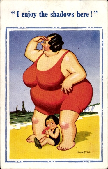 Artist Postcard McGill, Donald, Fat woman in swimsuit, girl sitting in her shadow