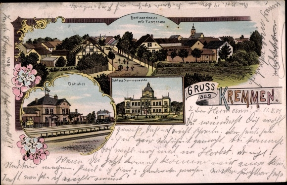 Chromo-Litho Kremmen in der Mark, train station, Sommerwalde Castle, Berlinerstrasse, panorama
