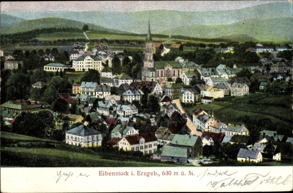 Postcard Eibenstock in the Erzgebirge of Saxony, general view, church