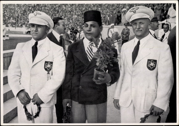 Collection picture Olympia 1936, award ceremony, weightlifters Toouni, Ismayr, Wagner