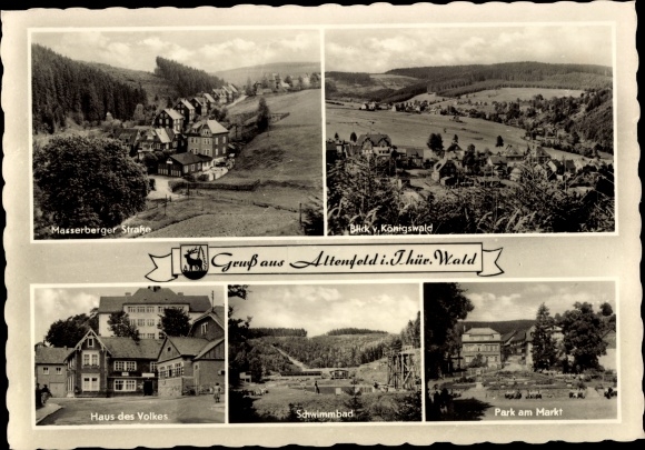 Postcard Altenfeld Thuringian Forest, Masserberger Straße, market, swimming pool, house of the people