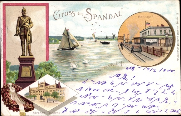 Chromo-Litho Spandau Berlin, Stresow barracks, Havel landscape, train station, Emperor Friedrich III. monument