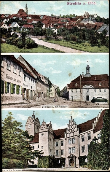 Postcard Strehla on the Elbe in Saxony, Schlossstrasse, town hall, castle, Inn zum Schwan