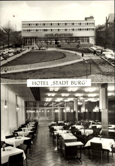 Postcard Burg near Magdeburg, Hotel Stadt Modern Architecture, Restaurant Area, Vintage Cars