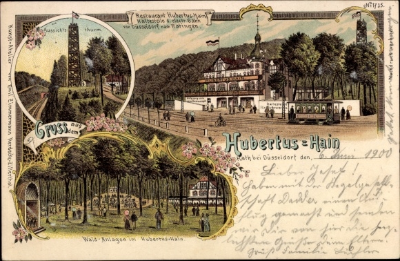 Litho Rath Düsseldorf am Rhein, Hubertus-Hain, Restaurant, Aussichtsturm, Waldanlagen