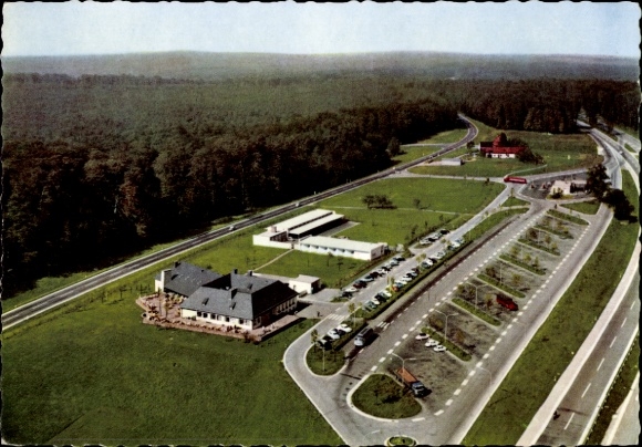 Postcard Rohrbrunn Weibersbrunn in Bavaria, aerial photograph of the motorway rest stop in the Spessart, Motel