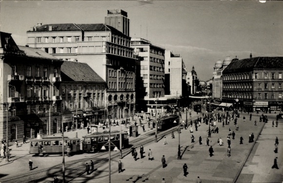 Postcard Zagreb Croatia, party on the square, tram stop