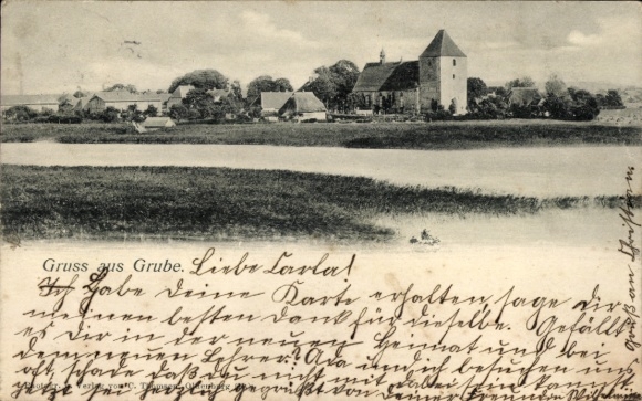 Postcard Grube in Holstein, partial view, church