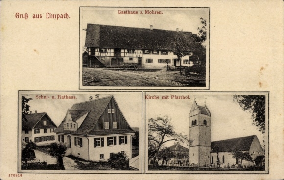 Postcard Limpach Deggenhausertal Bodenseekreis, Gasthaus zum Mohren, schoolhouse, town hall, church, rectory