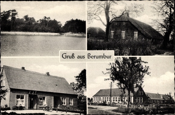 Ak Berumbur in Ostfriesland, Haus mit Reetdach, Geschäft, Schule
