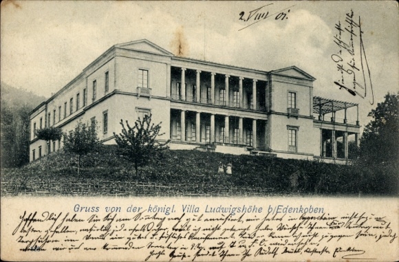 Ak Edenkoben an der Haardt Pfalz, Vorderansicht der Villa Ludwigshöhe, umgeben von Bäumen, Grußte