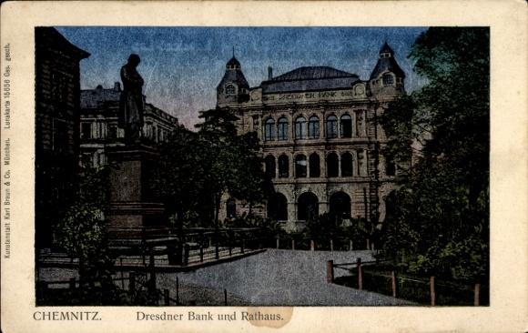 Luna Postcard Chemnitz in Saxony, Dresdner Bank and Town Hall