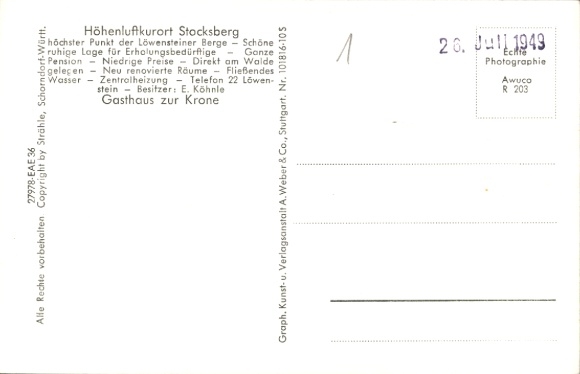 Ak Stocksberg Beilstein in Württemberg, luchtfoto van Gasthaus zur Krone, rustige ligging in het bos