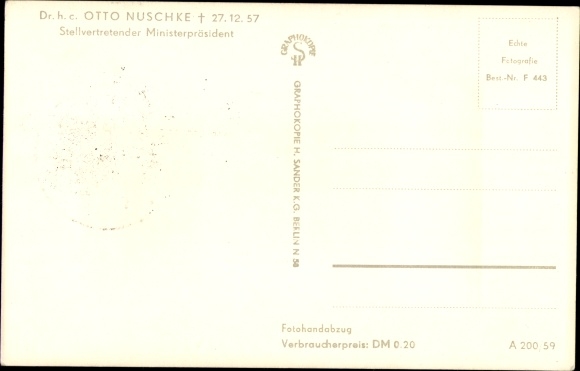 Postcard politician Otto Nuschke, Deputy Prime Minister, GDR