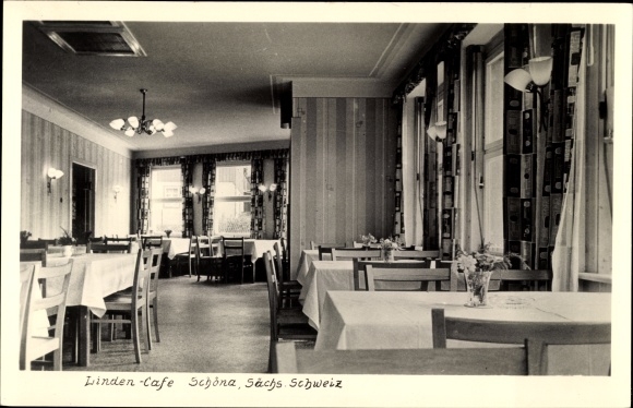 Foto Ak Schöna Saksisch Zwitserland, Linden Café, eetkamer