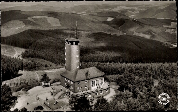 Postcard Kirchhundem Hochsauerland, observation tower Hohe Bracht, aerial photo