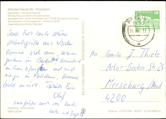 Postcard Petzow Werder ad Havel, restaurant Fontane-Klause, windsurfing, FDGB special school E. Schneller