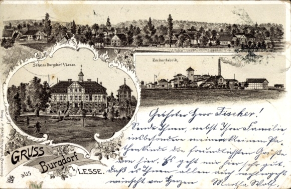 Litho Burgdorf Kr. Wolfenbüttel Niedersachsen, Schloss Burgdorf, Zuckerfabrik, Gesamtansicht