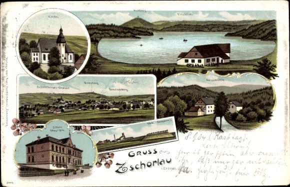 Chromo-Litho Zschorlau in the Ore Mountains, church, school, mine, Gleesberg, community mountain, Kuhberg, Filzteich