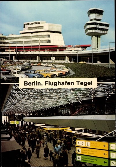Postcard Berlin Reinickendorf Tegel, airport, TXL, counter, tower, interior view, parking lot