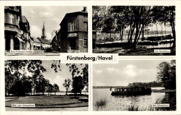 Postcard Fürstenberg an der Havel, Ernst Thälmann Street, Boathouse, Schwedtsee