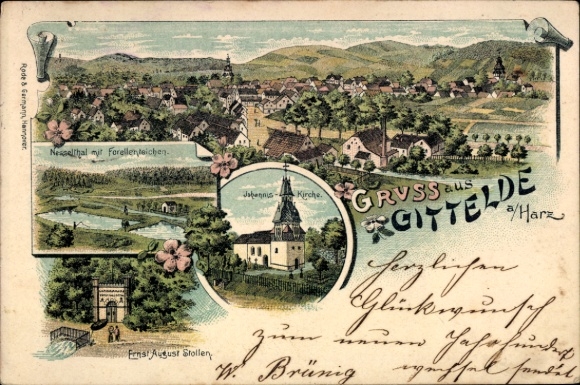 Litho Gittelde Bad Grund im Harz, Forellenteich, Johannis-Kirche, Ernst August Stollen
