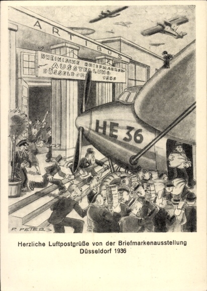 Postwaardestukken Ak Peters, P., Düsseldorf am Rhein, postzegeltentoonstelling 1936, luchtpost, HE 36