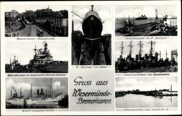Postcard Wesermünde Bremerhaven, KDF steamer, liner Schleswig Holstein, minesweeping flotilla