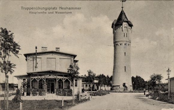 Postcard Świętoszów Neuhammer am Queis Silesia, military training area, main guardhouse, water tower