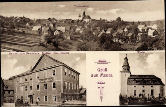 Postcard Meura in Thuringia, Gasthof zum Meurastein, church, general view