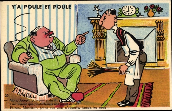 Postcard Y&#39;a Poule et Poule, Smoking Dissatisfied Man and His Butler