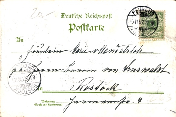 Chromo-Litho Neuhaus an der Elbe, long shot, Villa Kampff, war memorial, Lindenhof, pastor's house
