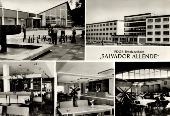 Ak Templin in der Uckermark, FDGB-Erholungsheim Salvador Allende, modern, hell, mit Wasserfont...