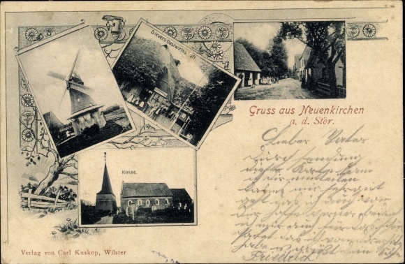 Ak Neuenkirchen Bahrenfleth in Sleeswijk-Holstein, windmolen, herberg Sievers, kerk