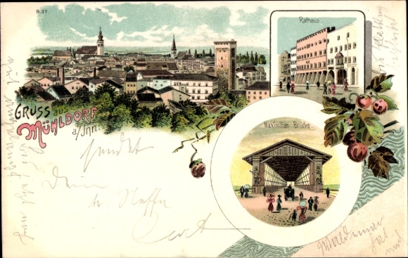 Litho Mühldorf am Inn Bayerisches Alpenvorland, überdachte Maximilian Brücke, Rathaus, Panorama