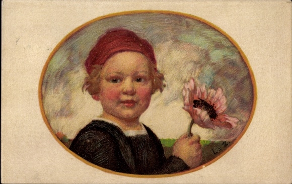 Artist Postcard Zumbusch, Ludwig von, Bavarian Flower Day 1913, boy with poppy flower