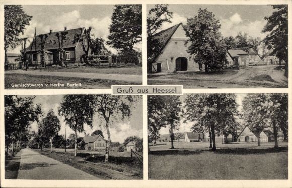 Ansichtkaart Heessel Hemmoor in Nedersaksen, gedeeltelijke weergaven, winkel Hertha Bartelt