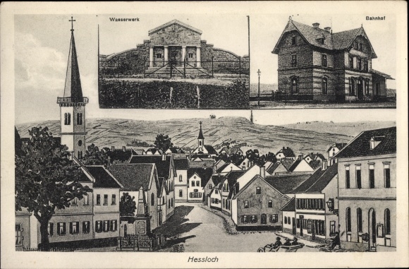 Postcard Dittelsheim Hessloch im Wonnegau, train station, water works, view of the town