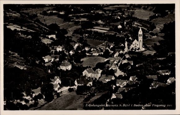 Postcard Neusatz Bühl in Baden, resort Neusatz, aerial photographs, church, landscape