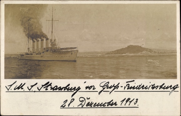 Zdjęcie Ak niemiecki okręt wojenny, SMS Strassburg, mały krążownik przed Groß Friedrichsburg 1913
