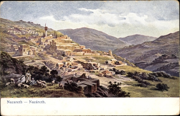 Artist PC Perlberg, F., Nazaret Nazareth Israel, panorama, mountains, shepherds