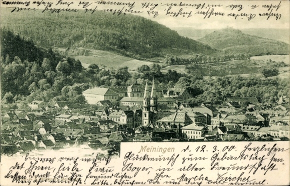 KP Meiningen w Turyngii, widok na miasto, kościół, góry, gratulacje z okazji urodzin,