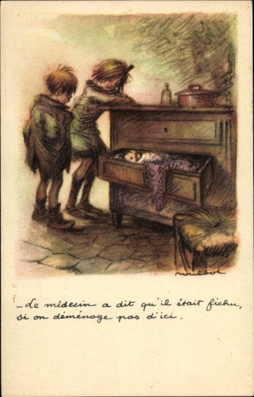Artist Postcard Poulbot, Franciscque, Children, Baby sleeping in a drawer