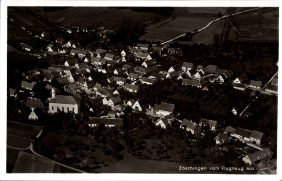 Postcard Zöschingen in Swabia, aerial photograph, houses, church, rural surroundings, black and white F