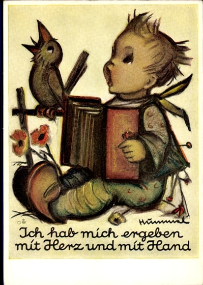Künstler Ak Hummel, B., Kind spielt Musikinstrument, Singender Vogel